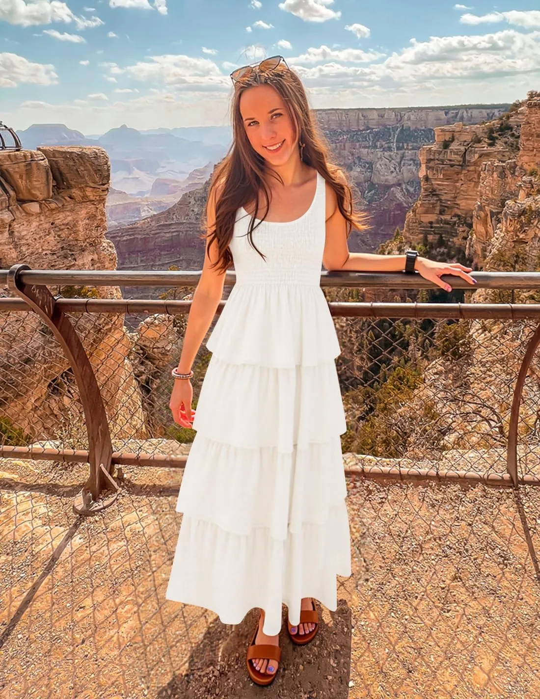 ZESICA Women's 2025 Summer Boho Sleeveless Midi Dress Scoop Neck Ruffle Tiered Layered Swing Long Beach Vacation Dresses