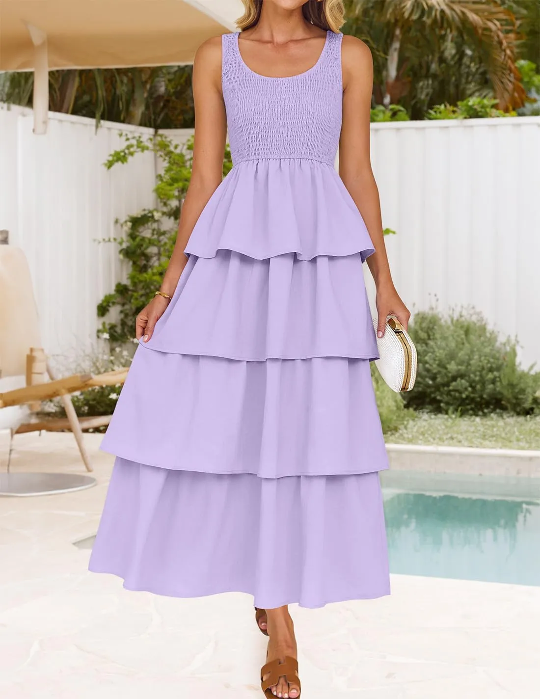ZESICA Women's 2025 Summer Boho Sleeveless Midi Dress Scoop Neck Ruffle Tiered Layered Swing Long Beach Vacation Dresses