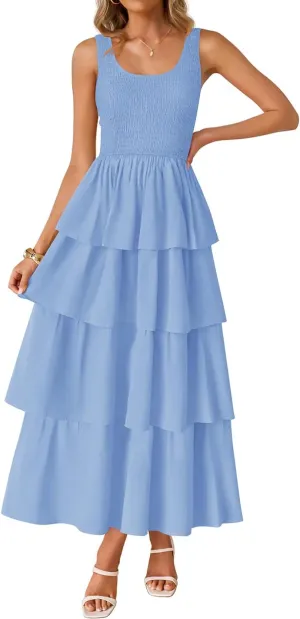 ZESICA Women's 2025 Summer Boho Sleeveless Midi Dress Scoop Neck Ruffle Tiered Layered Swing Long Beach Vacation Dresses