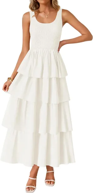 ZESICA Women's 2025 Summer Boho Sleeveless Midi Dress Scoop Neck Ruffle Tiered Layered Swing Long Beach Vacation Dresses