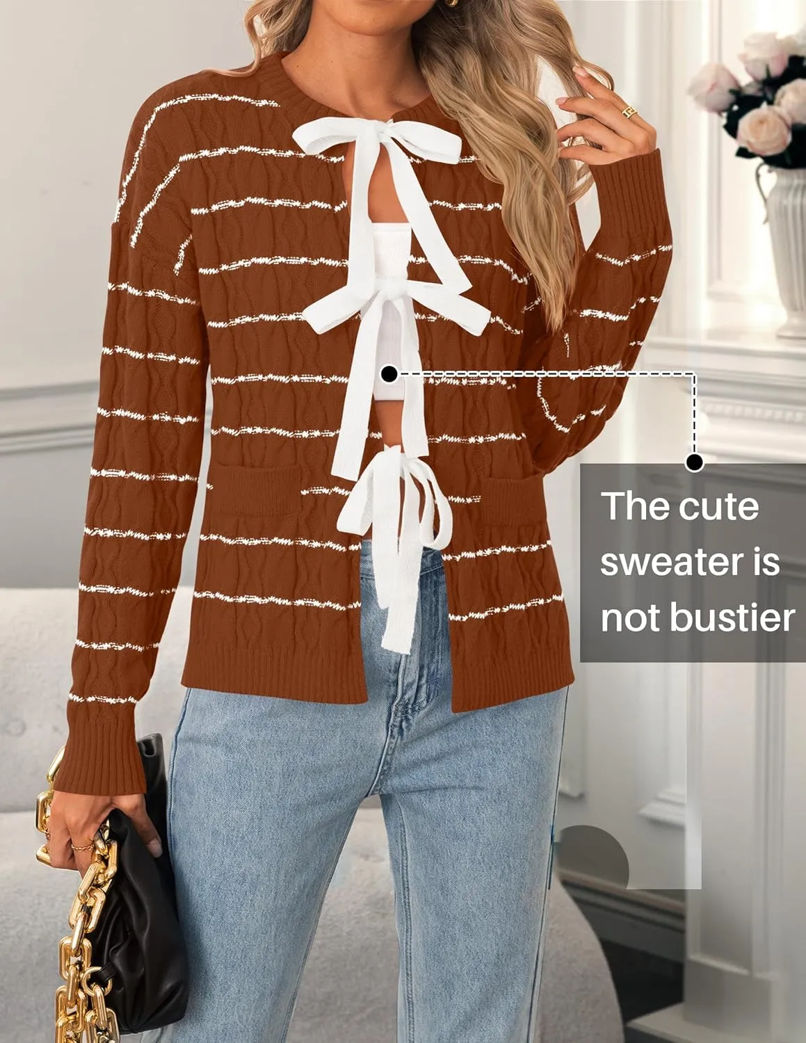 ZESICA Women's Long Sleeve Open Front Cardigan Sweater Fall Winter Striped Tie Front Loose Chunky Knit Coats
