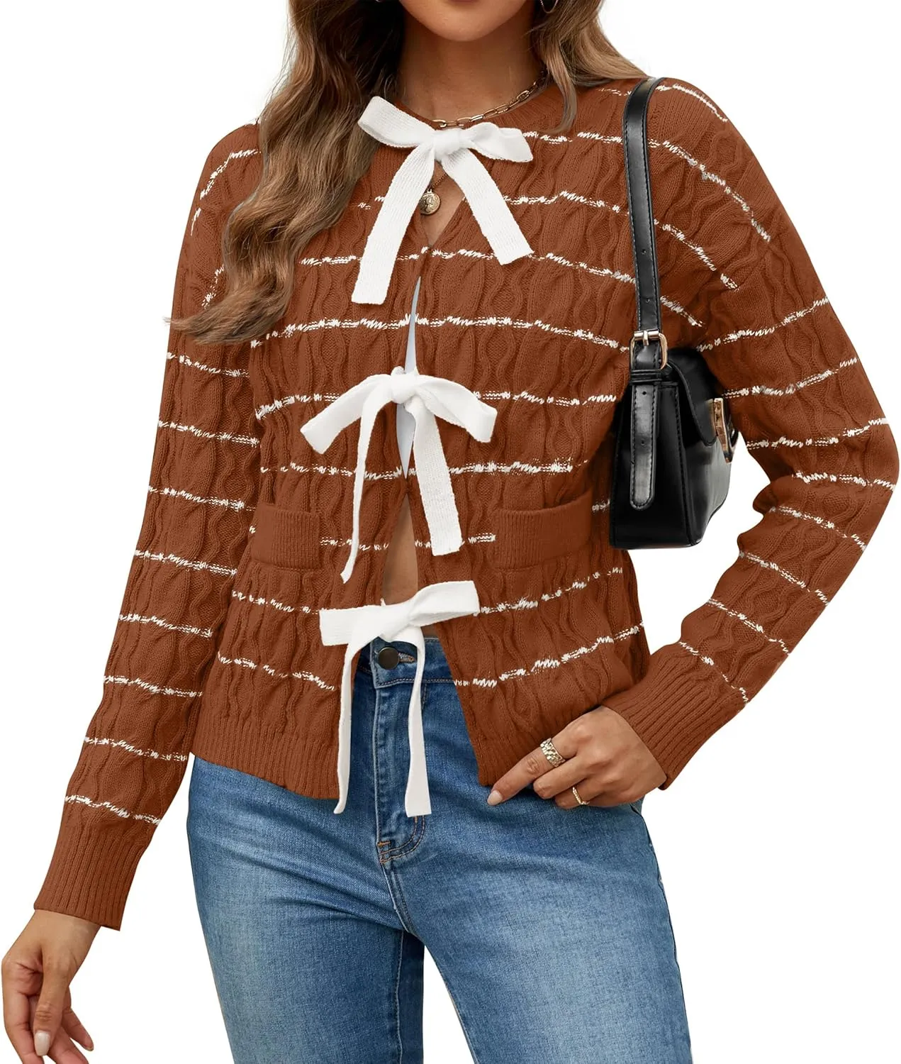 ZESICA Women's Long Sleeve Open Front Cardigan Sweater Fall Winter Striped Tie Front Loose Chunky Knit Coats