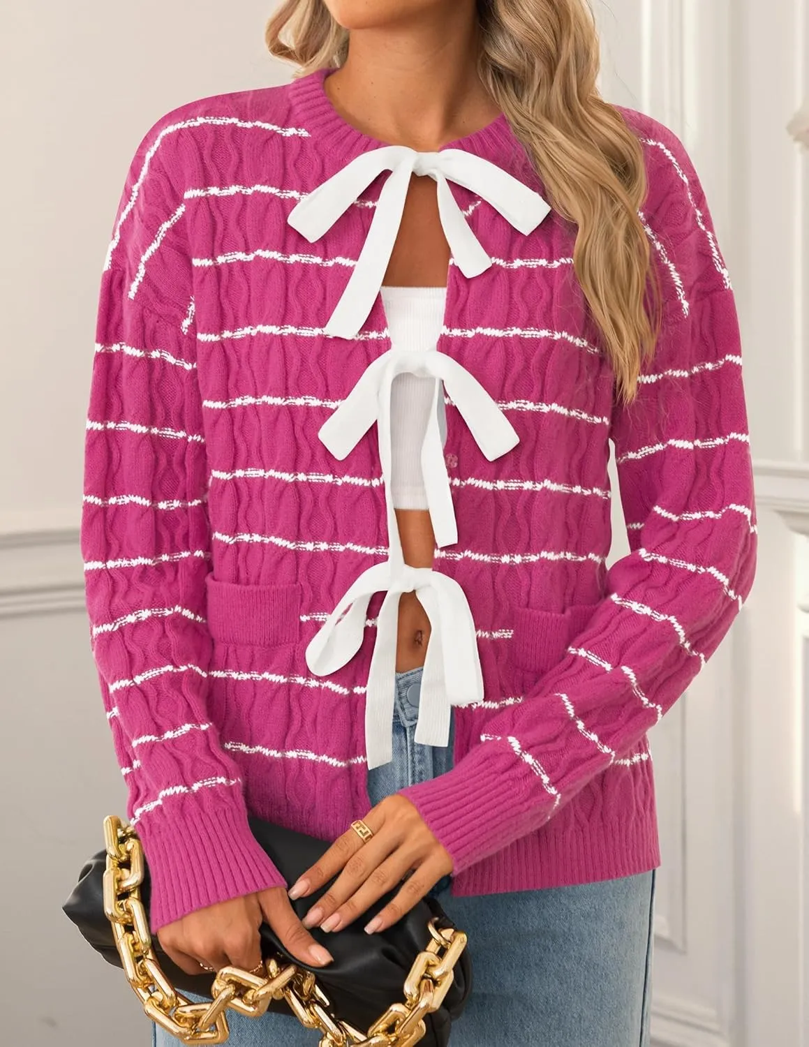 ZESICA Women's Long Sleeve Open Front Cardigan Sweater Fall Winter Striped Tie Front Loose Chunky Knit Coats