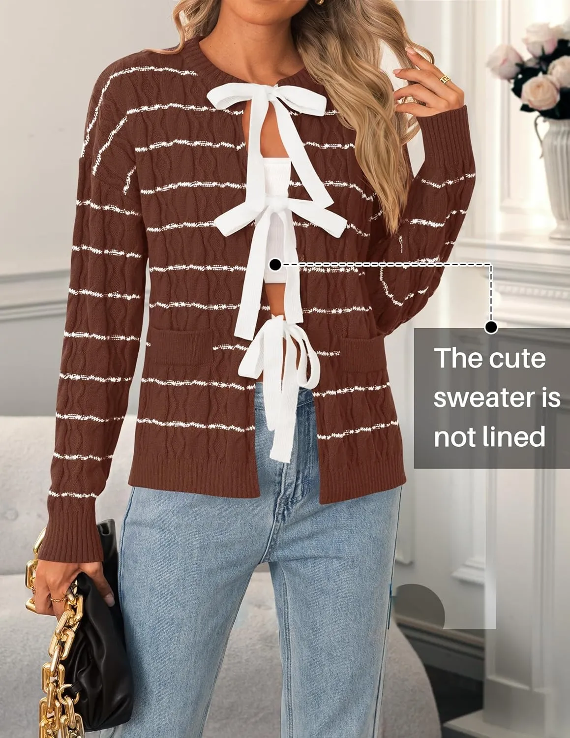ZESICA Women's Long Sleeve Open Front Cardigan Sweater Fall Winter Striped Tie Front Loose Chunky Knit Coats