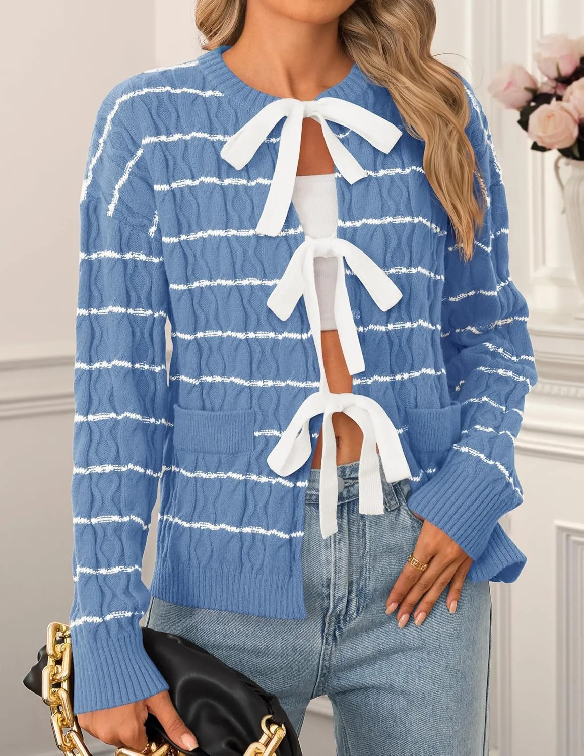 ZESICA Women's Long Sleeve Open Front Cardigan Sweater Fall Winter Striped Tie Front Loose Chunky Knit Coats