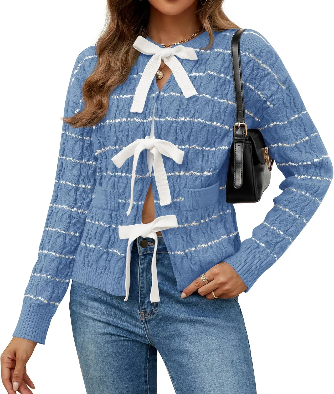 ZESICA Women's Long Sleeve Open Front Cardigan Sweater Fall Winter Striped Tie Front Loose Chunky Knit Coats