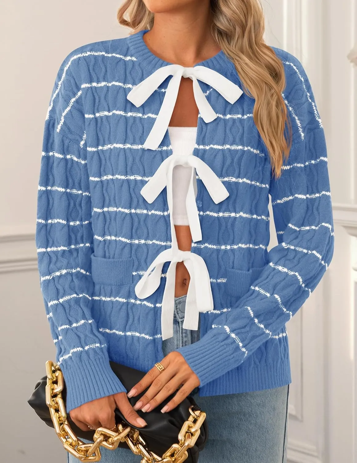 ZESICA Women's Long Sleeve Open Front Cardigan Sweater Fall Winter Striped Tie Front Loose Chunky Knit Coats