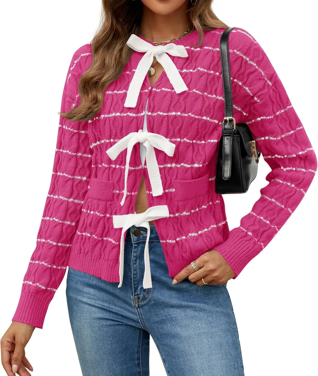ZESICA Women's Long Sleeve Open Front Cardigan Sweater Fall Winter Striped Tie Front Loose Chunky Knit Coats