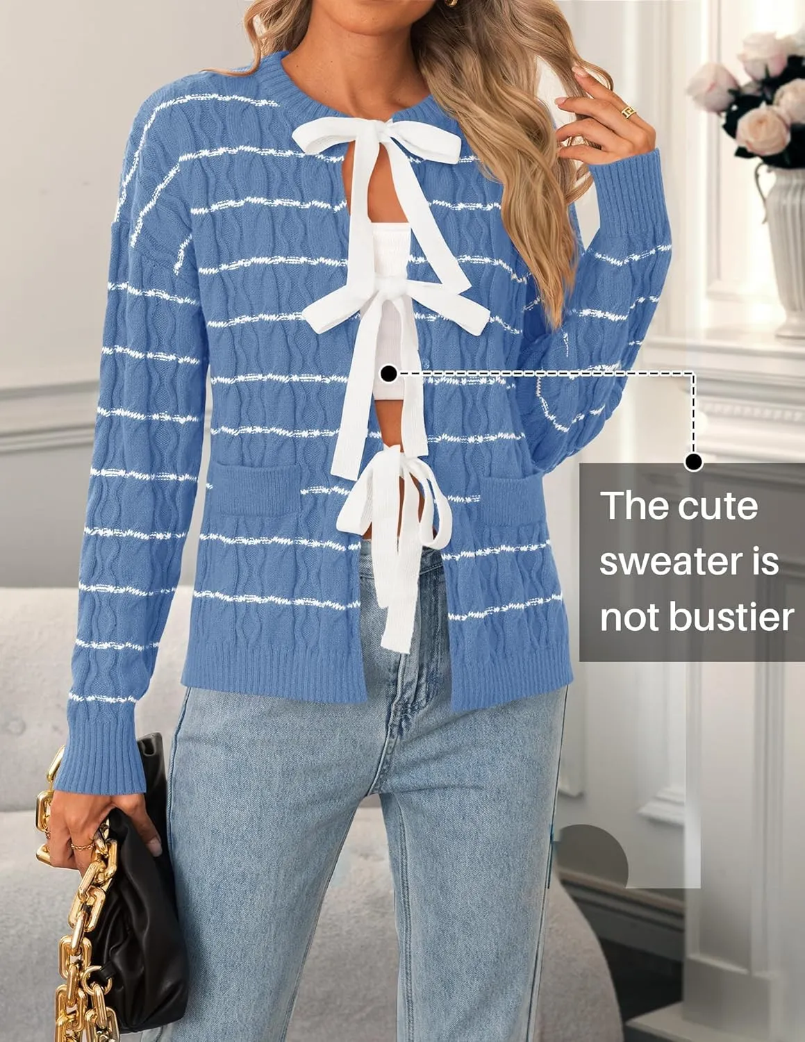 ZESICA Women's Long Sleeve Open Front Cardigan Sweater Fall Winter Striped Tie Front Loose Chunky Knit Coats