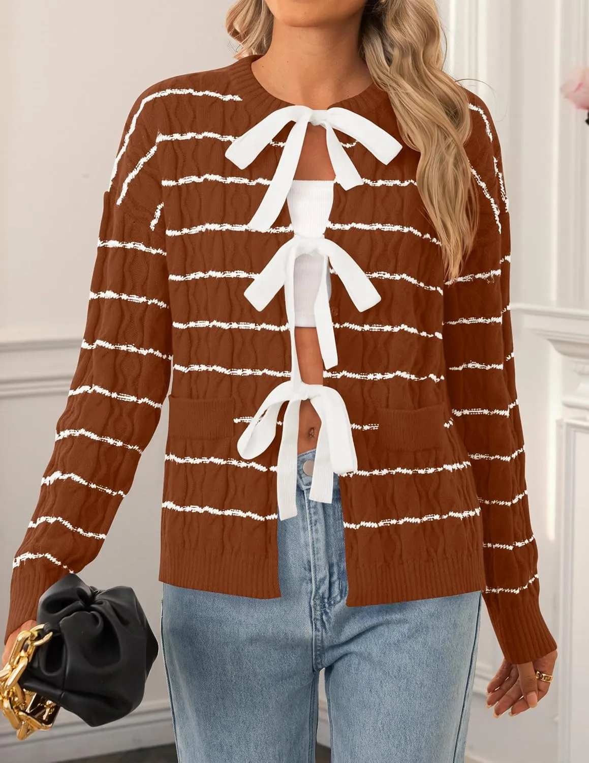 ZESICA Women's Long Sleeve Open Front Cardigan Sweater Fall Winter Striped Tie Front Loose Chunky Knit Coats