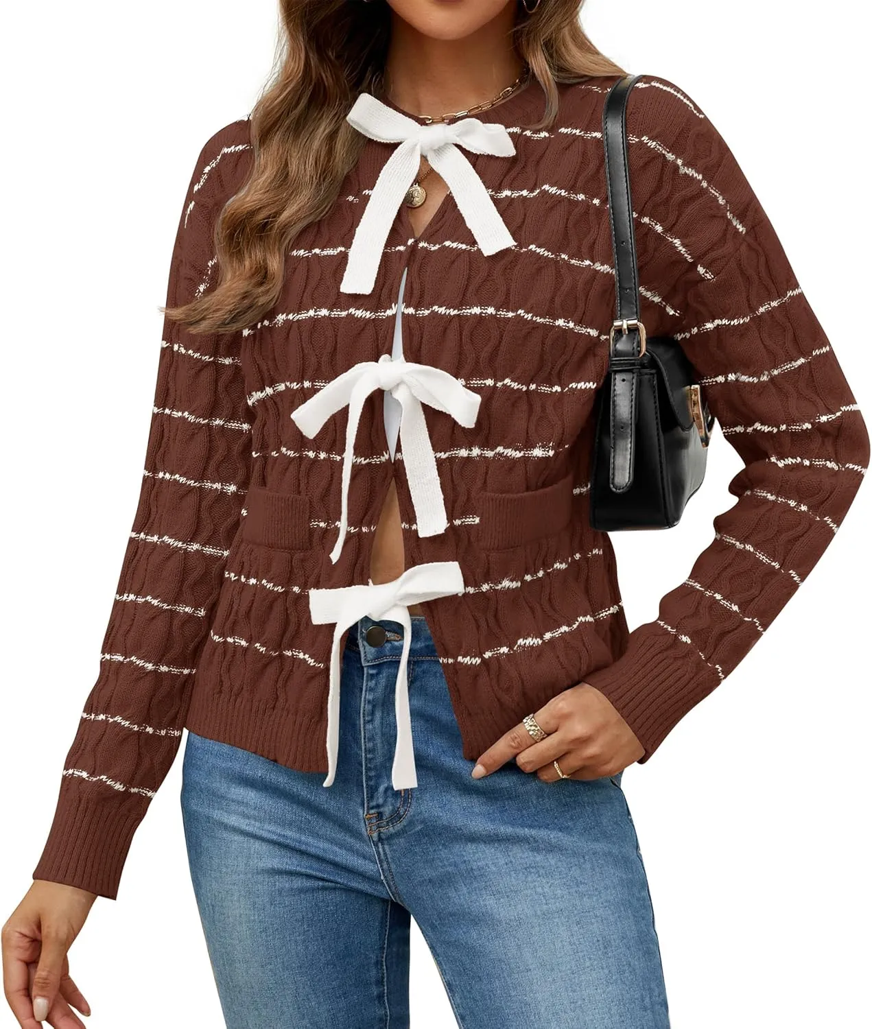 ZESICA Women's Long Sleeve Open Front Cardigan Sweater Fall Winter Striped Tie Front Loose Chunky Knit Coats