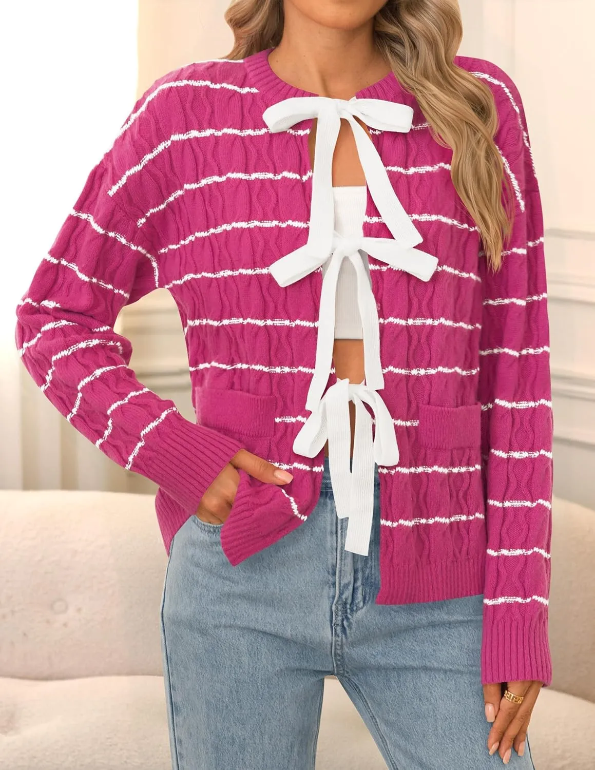 ZESICA Women's Long Sleeve Open Front Cardigan Sweater Fall Winter Striped Tie Front Loose Chunky Knit Coats