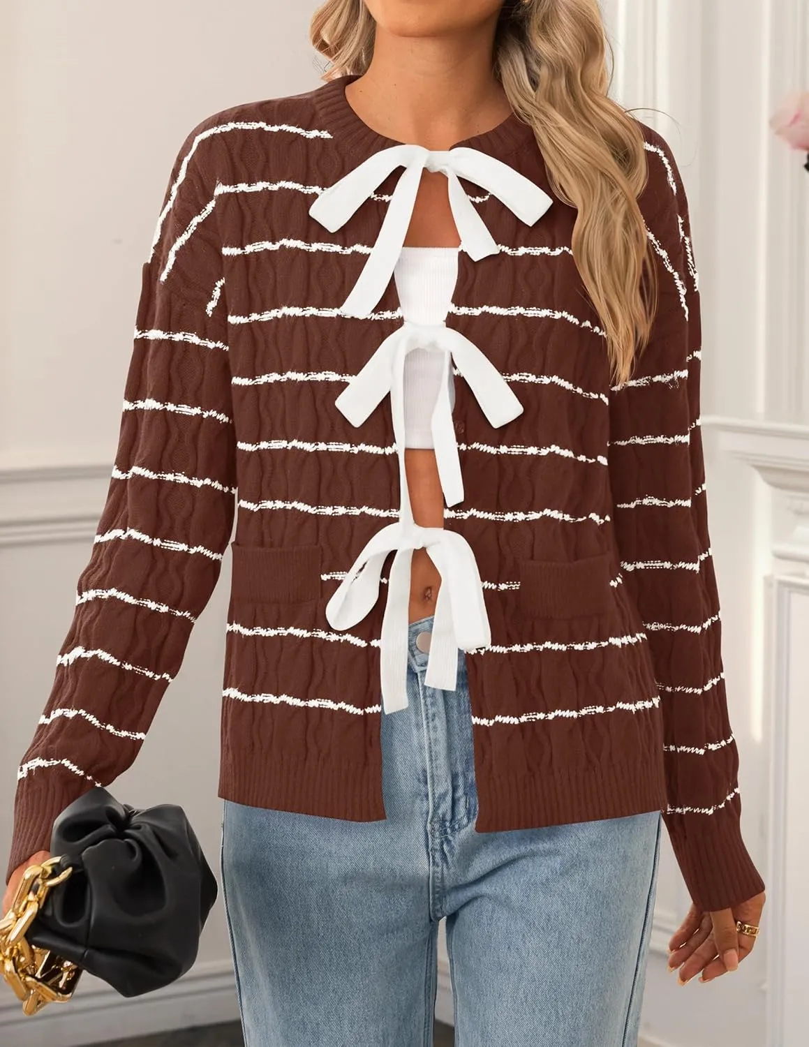 ZESICA Women's Long Sleeve Open Front Cardigan Sweater Fall Winter Striped Tie Front Loose Chunky Knit Coats