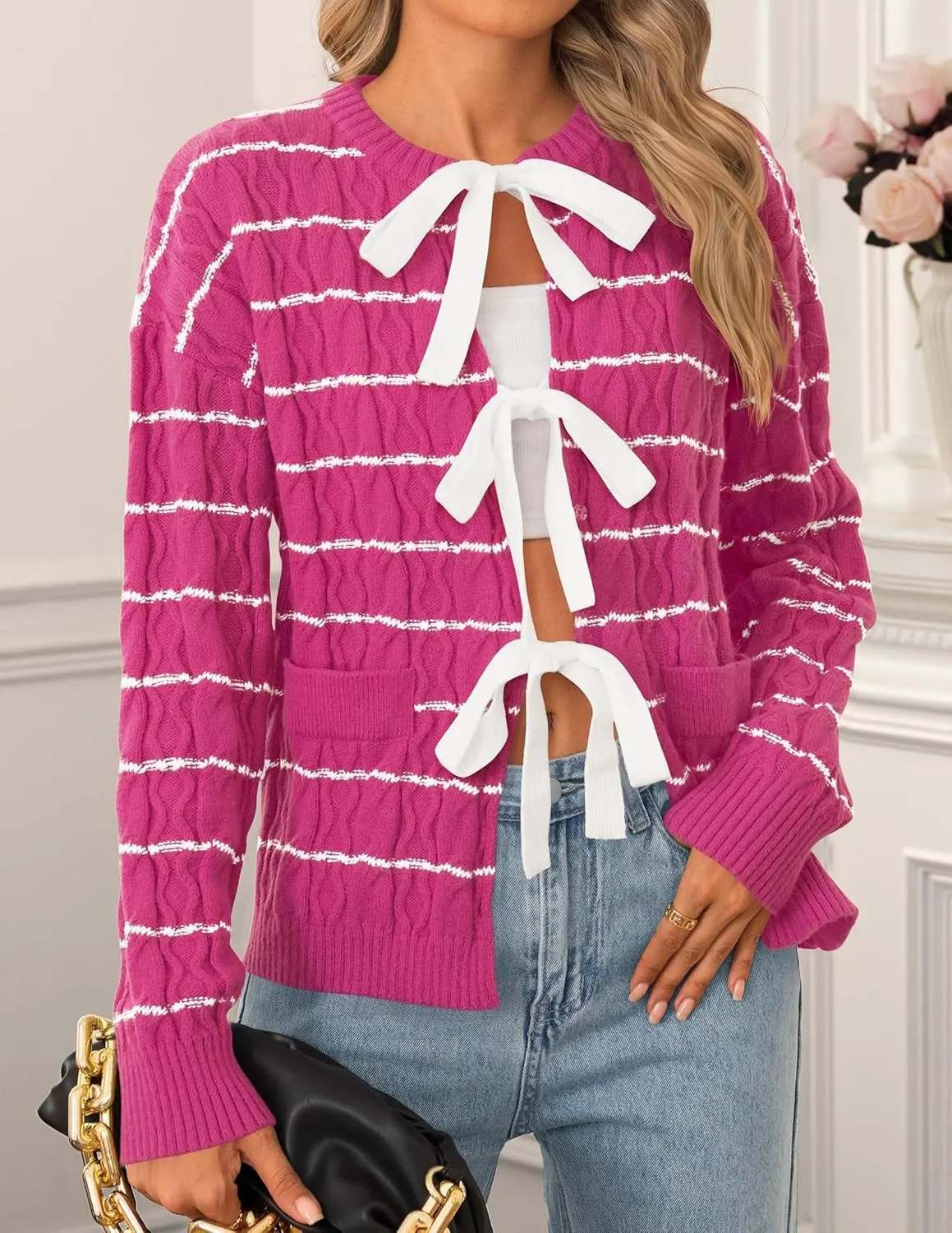 ZESICA Women's Long Sleeve Open Front Cardigan Sweater Fall Winter Striped Tie Front Loose Chunky Knit Coats