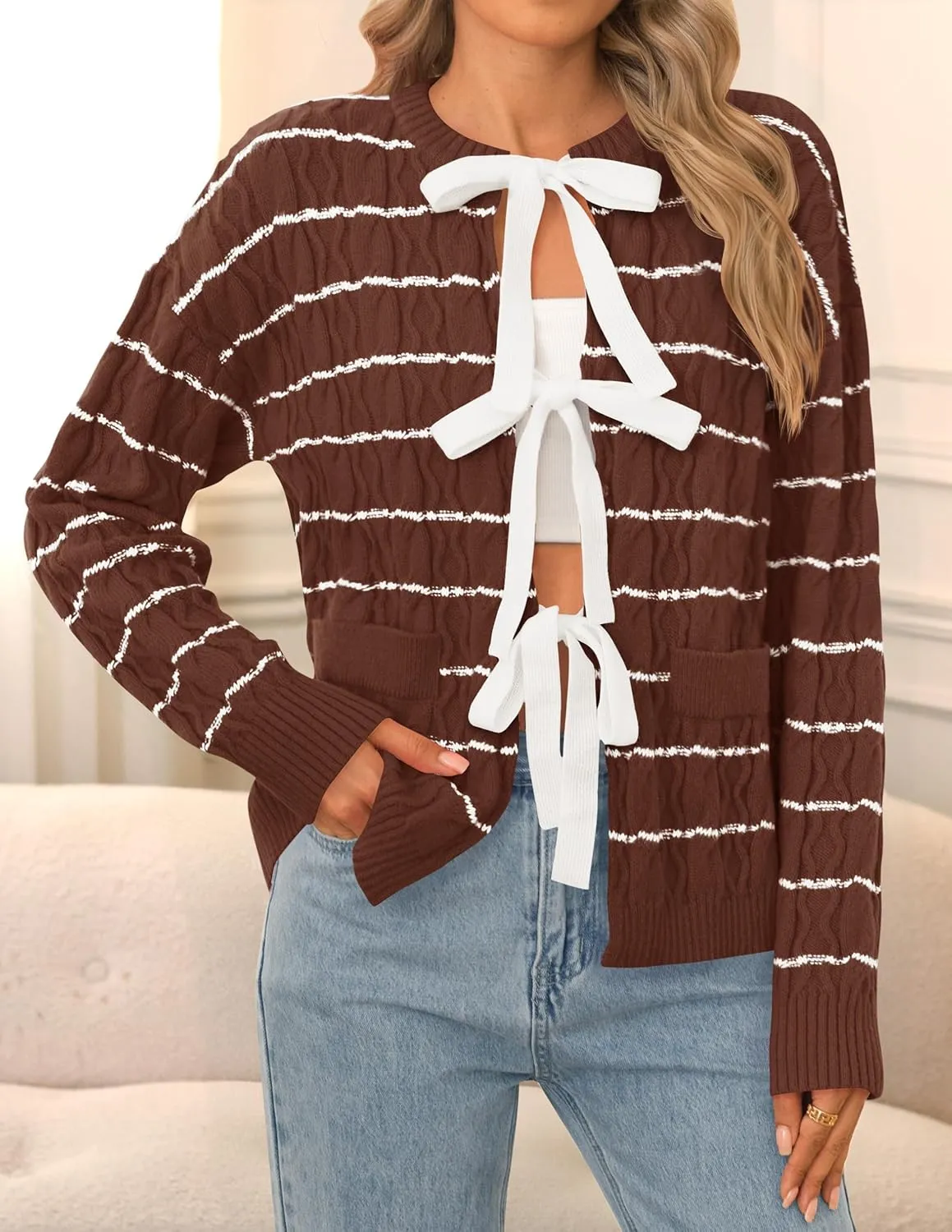 ZESICA Women's Long Sleeve Open Front Cardigan Sweater Fall Winter Striped Tie Front Loose Chunky Knit Coats