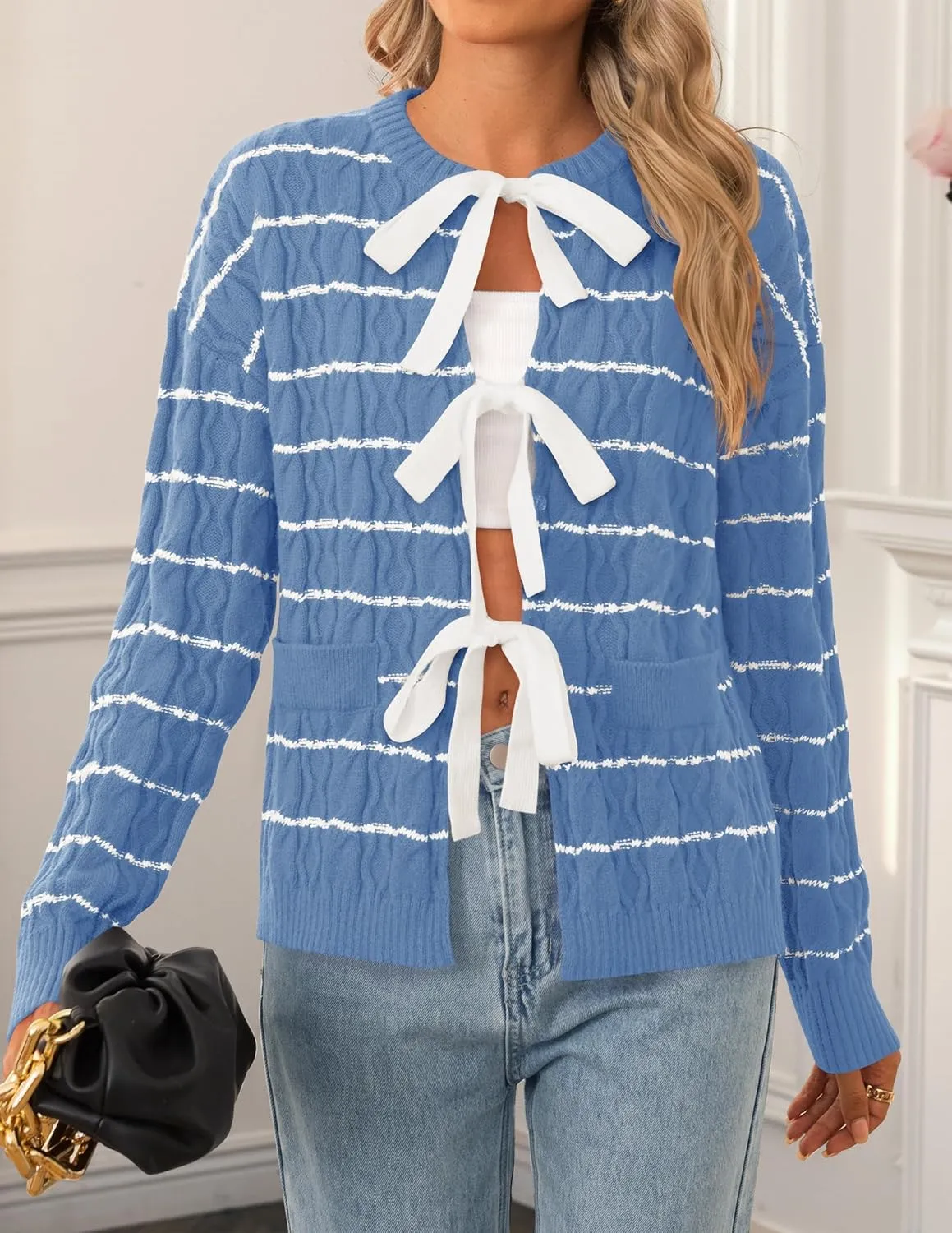 ZESICA Women's Long Sleeve Open Front Cardigan Sweater Fall Winter Striped Tie Front Loose Chunky Knit Coats