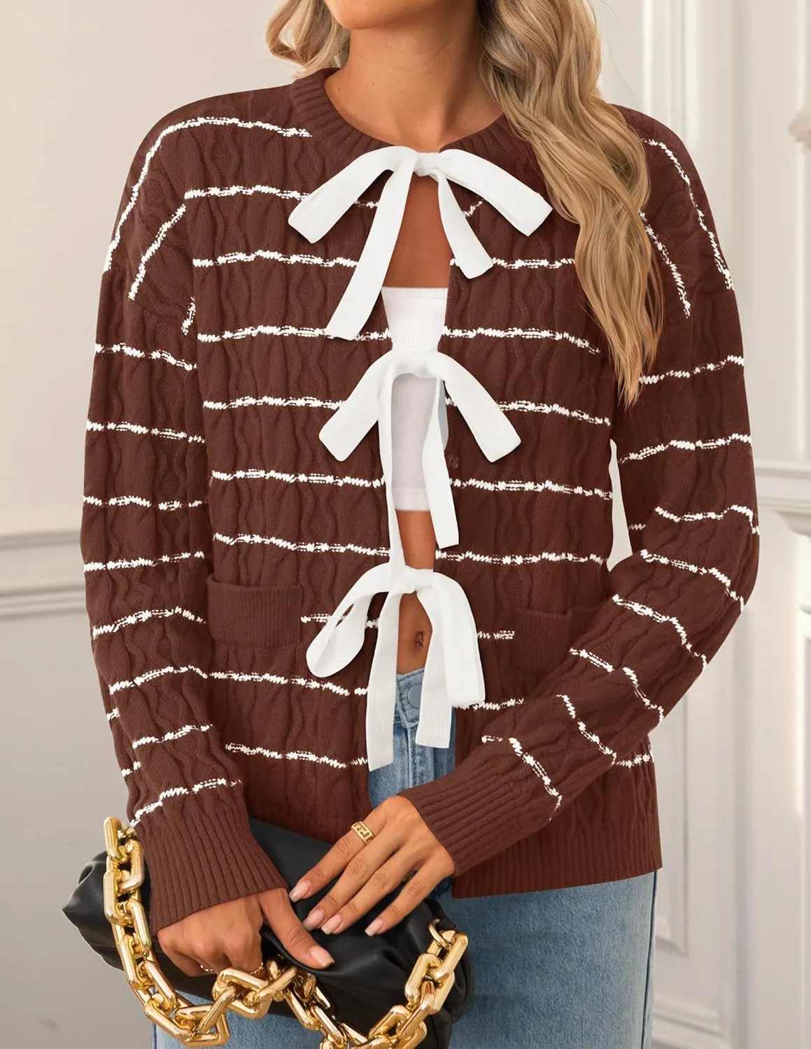 ZESICA Women's Long Sleeve Open Front Cardigan Sweater Fall Winter Striped Tie Front Loose Chunky Knit Coats