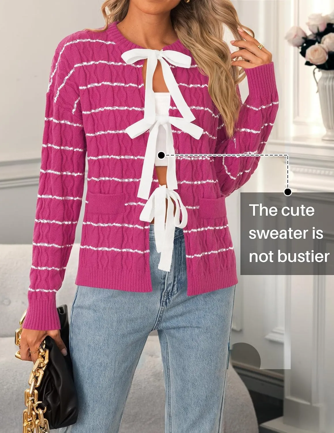 ZESICA Women's Long Sleeve Open Front Cardigan Sweater Fall Winter Striped Tie Front Loose Chunky Knit Coats