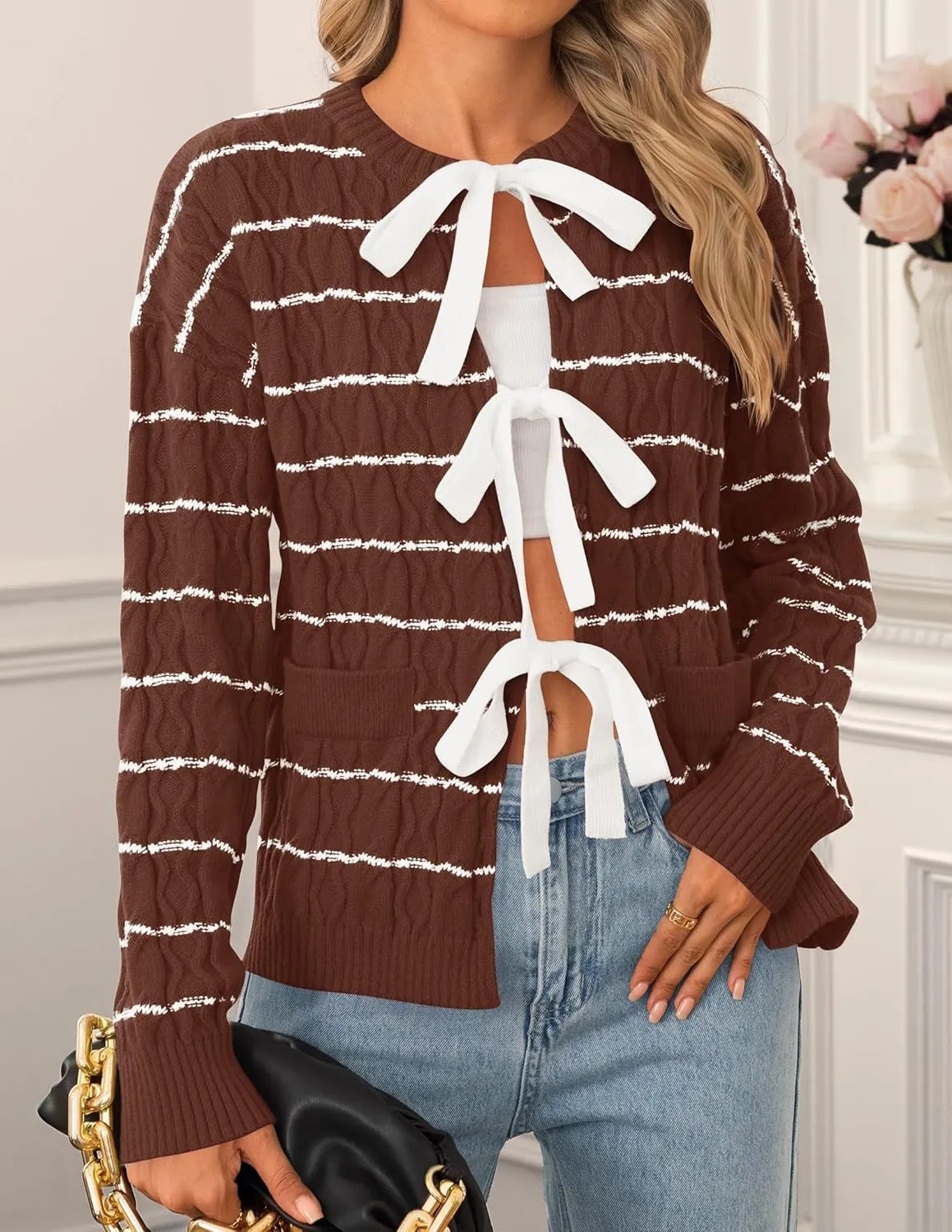 ZESICA Women's Long Sleeve Open Front Cardigan Sweater Fall Winter Striped Tie Front Loose Chunky Knit Coats