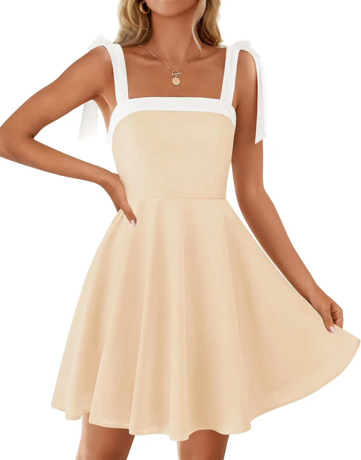 ZESICA Womens Summer Sleeveless Mini Dress Tie Shoulder Square Neck High Waist Swing A Line Short Sundresses