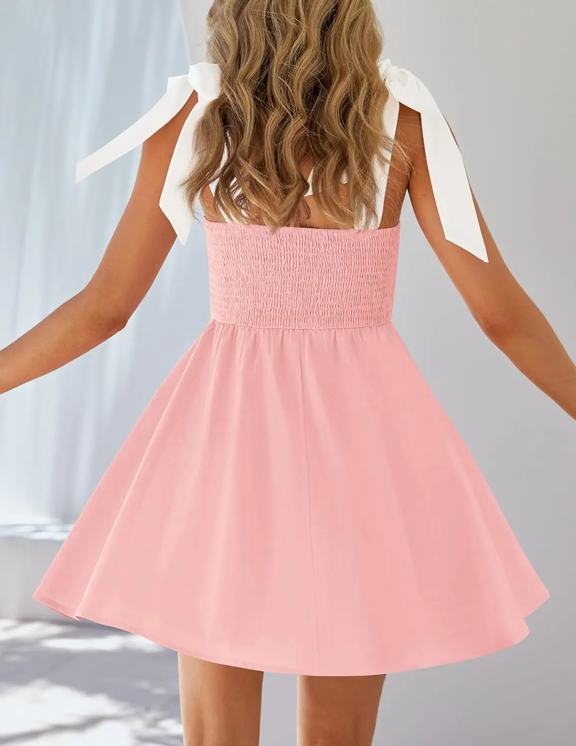 ZESICA Womens Summer Sleeveless Mini Dress Tie Shoulder Square Neck High Waist Swing A Line Short Sundresses