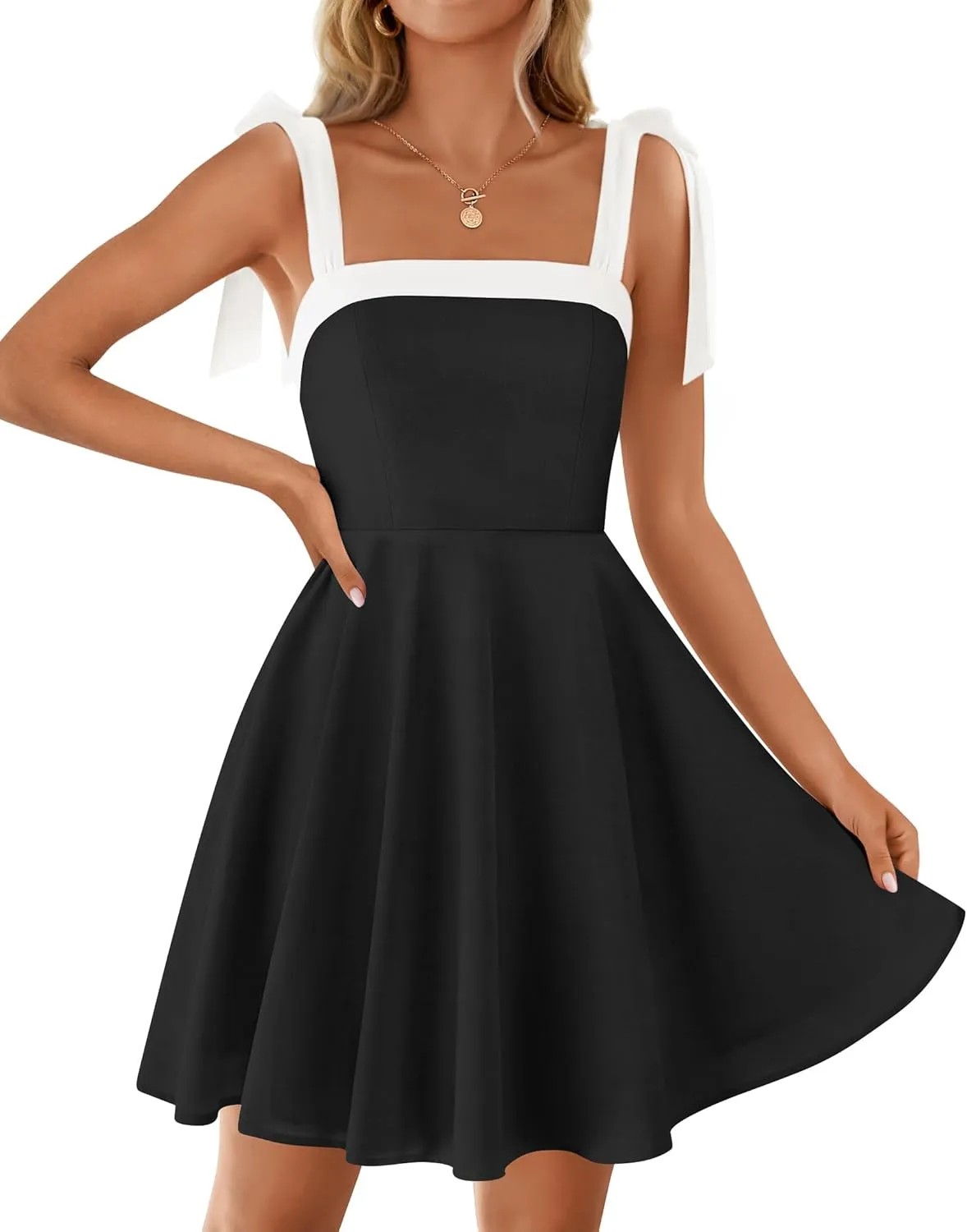 ZESICA Womens Summer Sleeveless Mini Dress Tie Shoulder Square Neck High Waist Swing A Line Short Sundresses