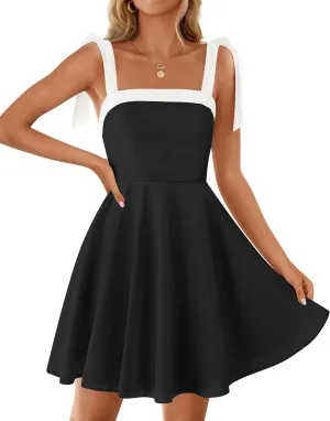 ZESICA Womens Summer Sleeveless Mini Dress Tie Shoulder Square Neck High Waist Swing A Line Short Sundresses