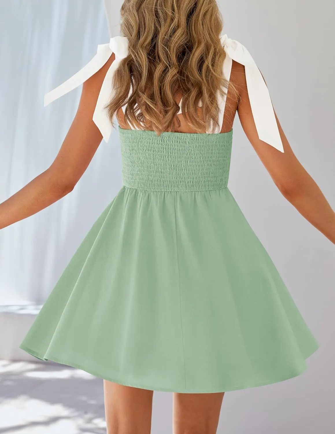 ZESICA Womens Summer Sleeveless Mini Dress Tie Shoulder Square Neck High Waist Swing A Line Short Sundresses
