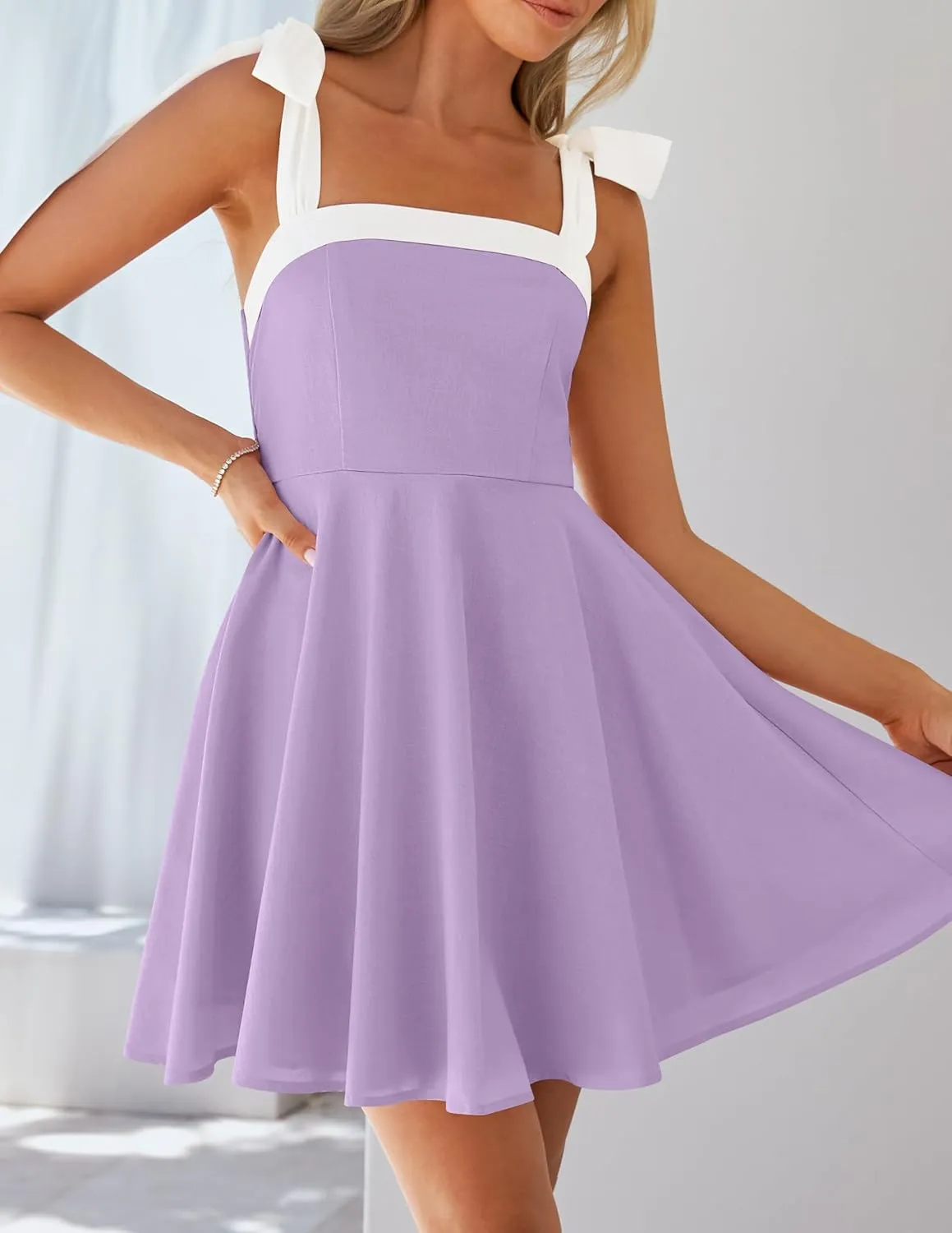 ZESICA Womens Summer Sleeveless Mini Dress Tie Shoulder Square Neck High Waist Swing A Line Short Sundresses