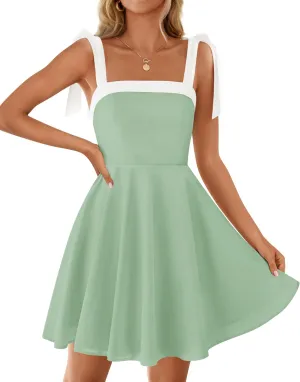 ZESICA Womens Summer Sleeveless Mini Dress Tie Shoulder Square Neck High Waist Swing A Line Short Sundresses