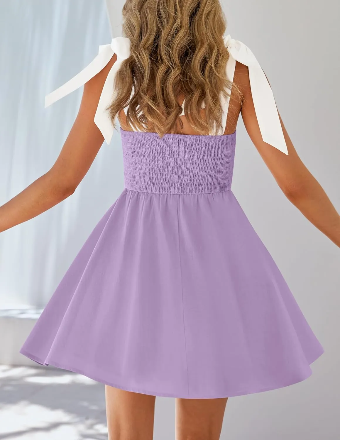 ZESICA Womens Summer Sleeveless Mini Dress Tie Shoulder Square Neck High Waist Swing A Line Short Sundresses