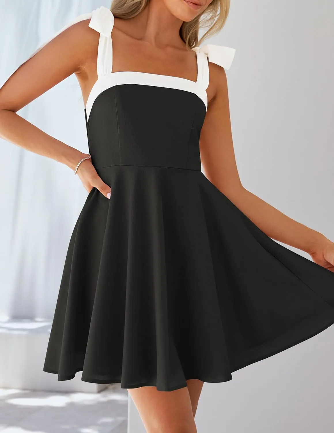 ZESICA Womens Summer Sleeveless Mini Dress Tie Shoulder Square Neck High Waist Swing A Line Short Sundresses