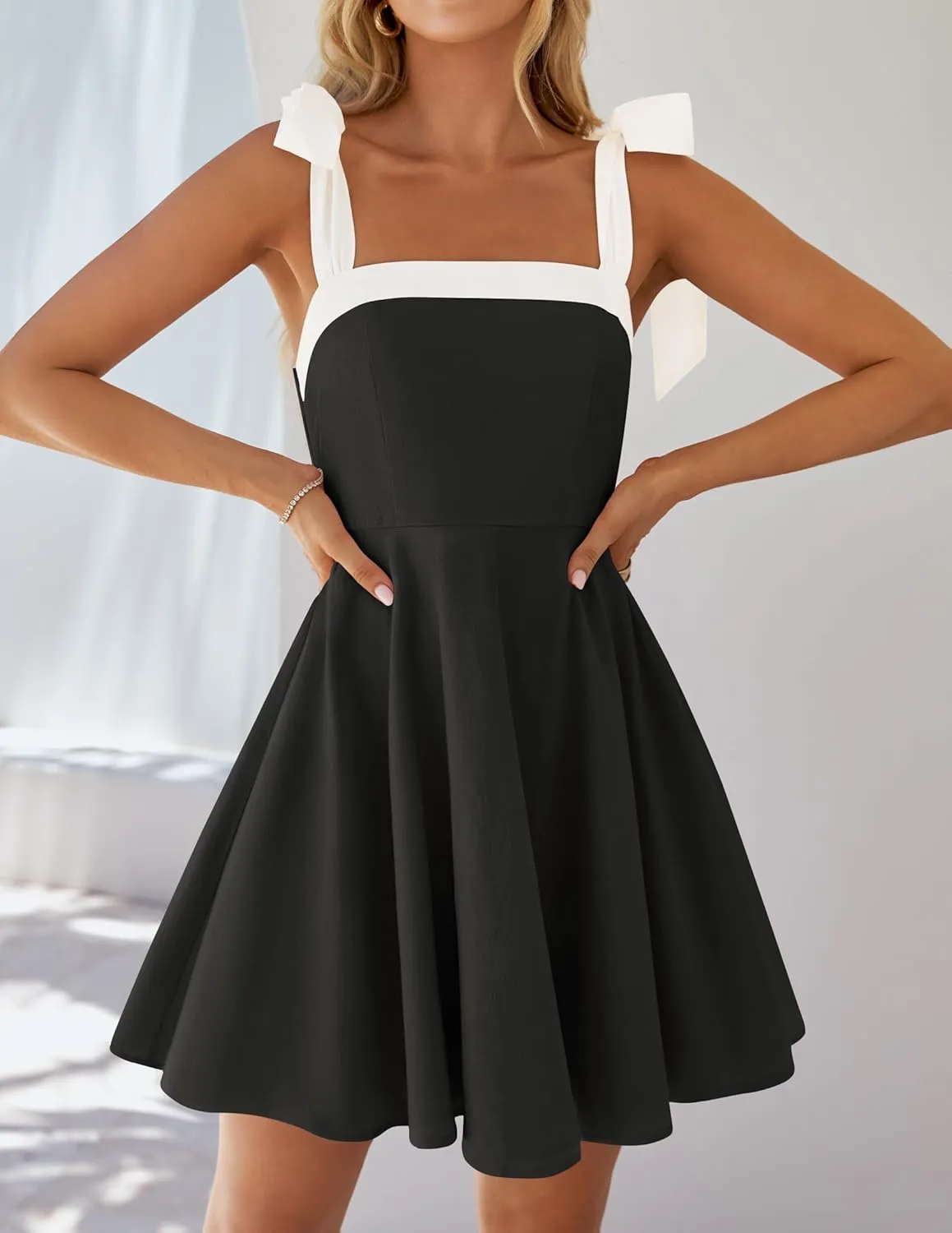 ZESICA Womens Summer Sleeveless Mini Dress Tie Shoulder Square Neck High Waist Swing A Line Short Sundresses