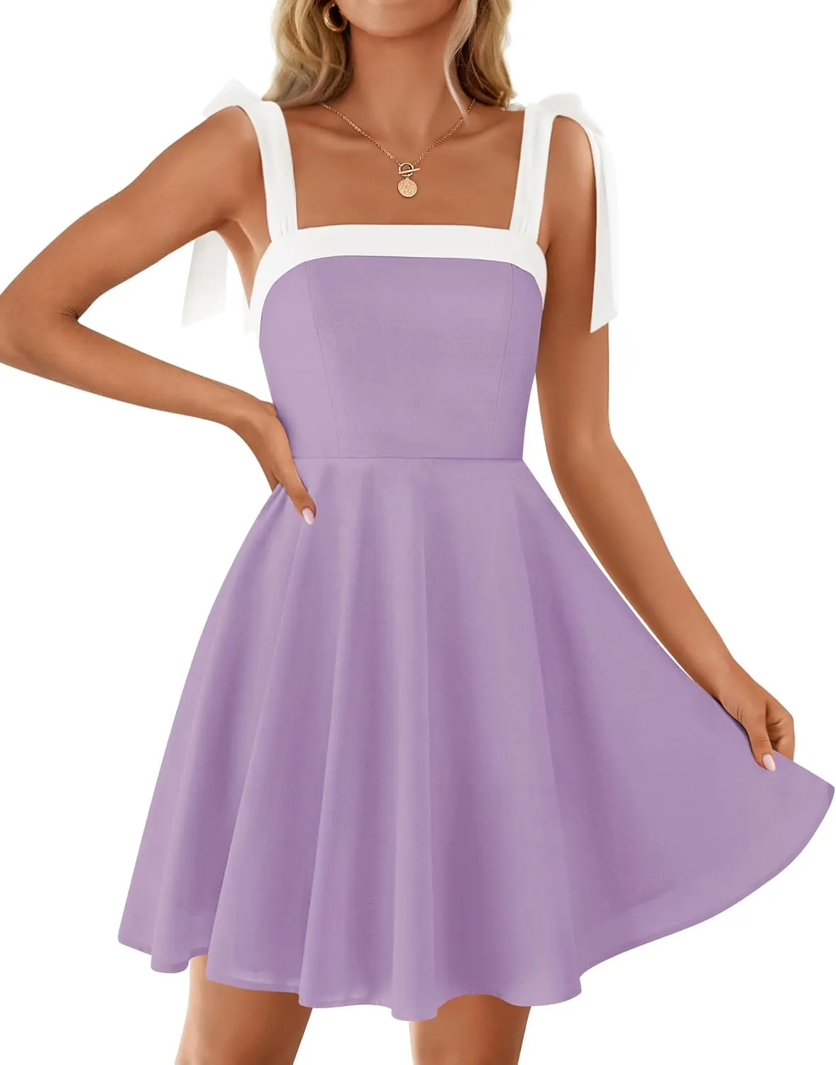 ZESICA Womens Summer Sleeveless Mini Dress Tie Shoulder Square Neck High Waist Swing A Line Short Sundresses