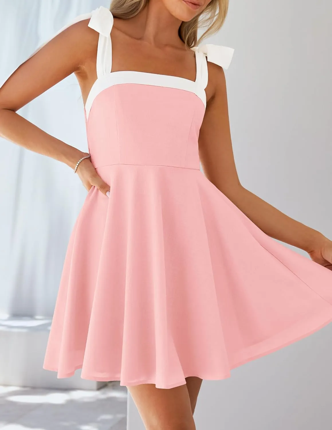 ZESICA Womens Summer Sleeveless Mini Dress Tie Shoulder Square Neck High Waist Swing A Line Short Sundresses