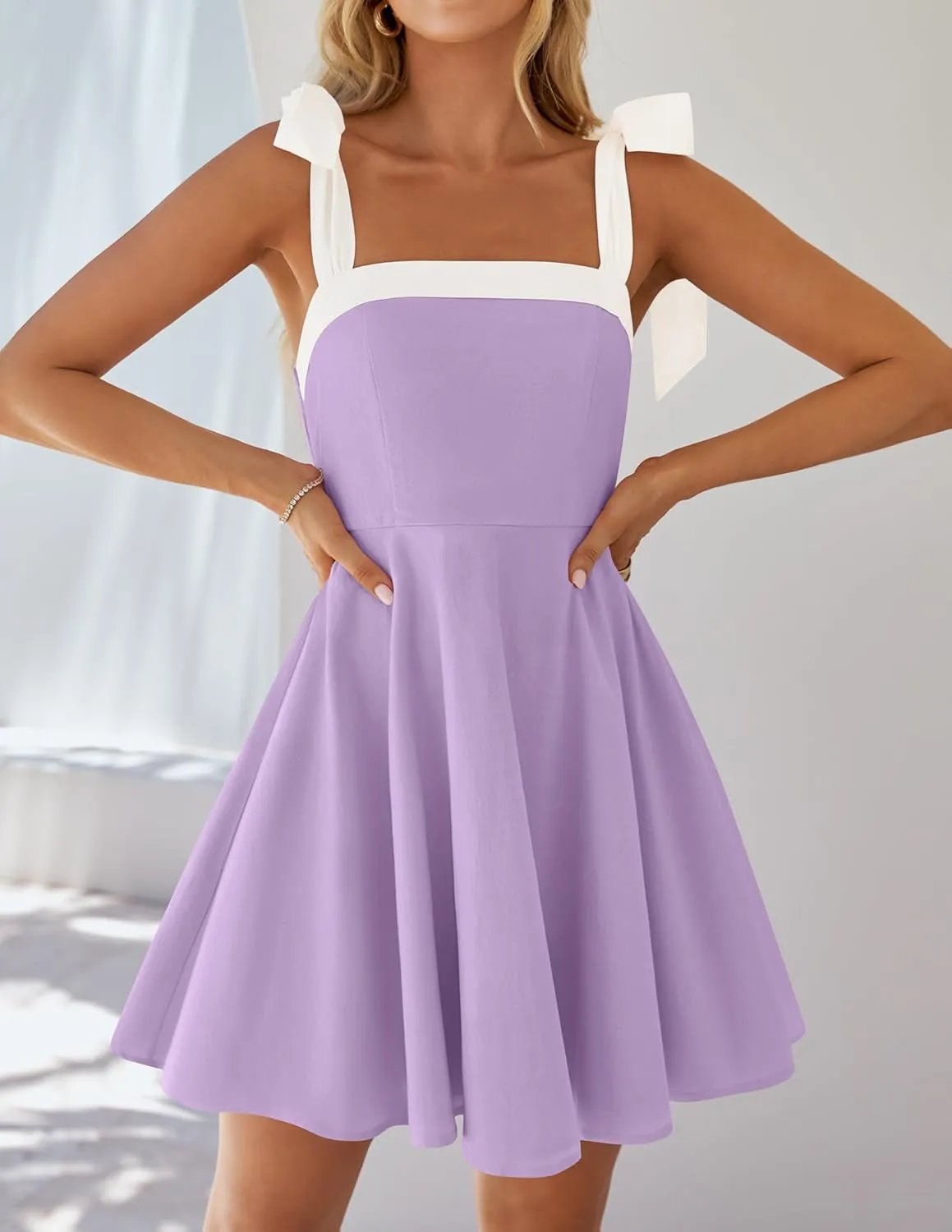 ZESICA Womens Summer Sleeveless Mini Dress Tie Shoulder Square Neck High Waist Swing A Line Short Sundresses