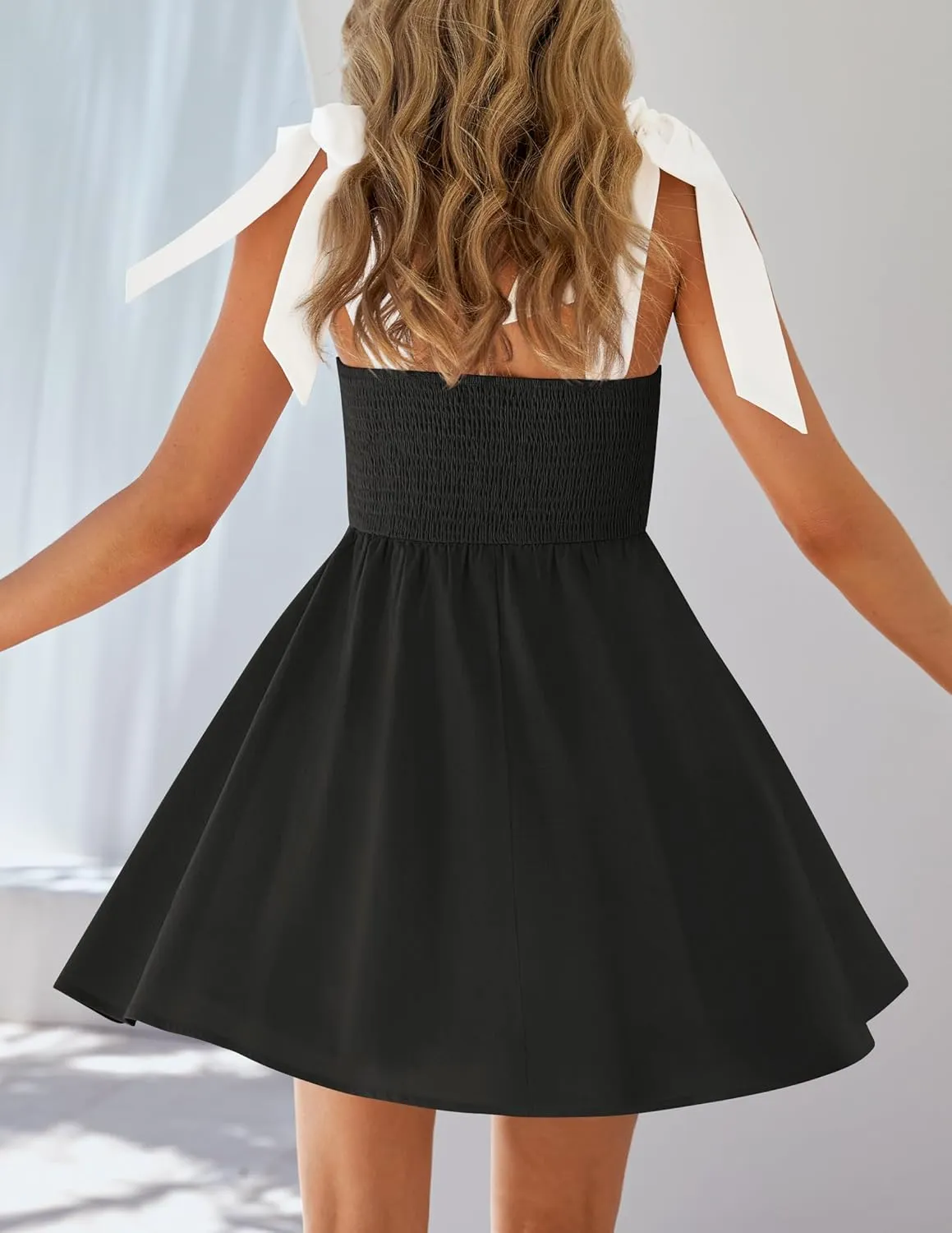 ZESICA Womens Summer Sleeveless Mini Dress Tie Shoulder Square Neck High Waist Swing A Line Short Sundresses