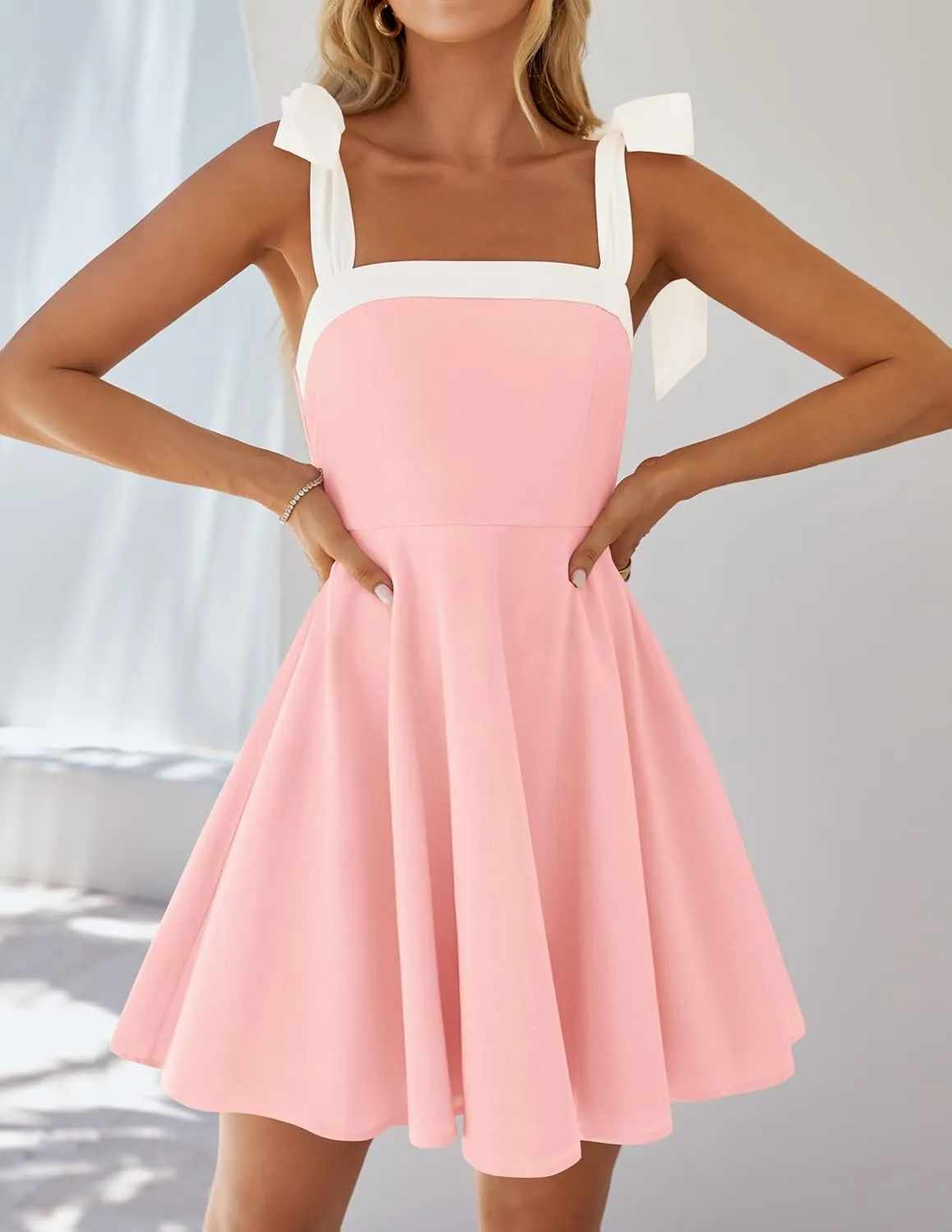 ZESICA Womens Summer Sleeveless Mini Dress Tie Shoulder Square Neck High Waist Swing A Line Short Sundresses