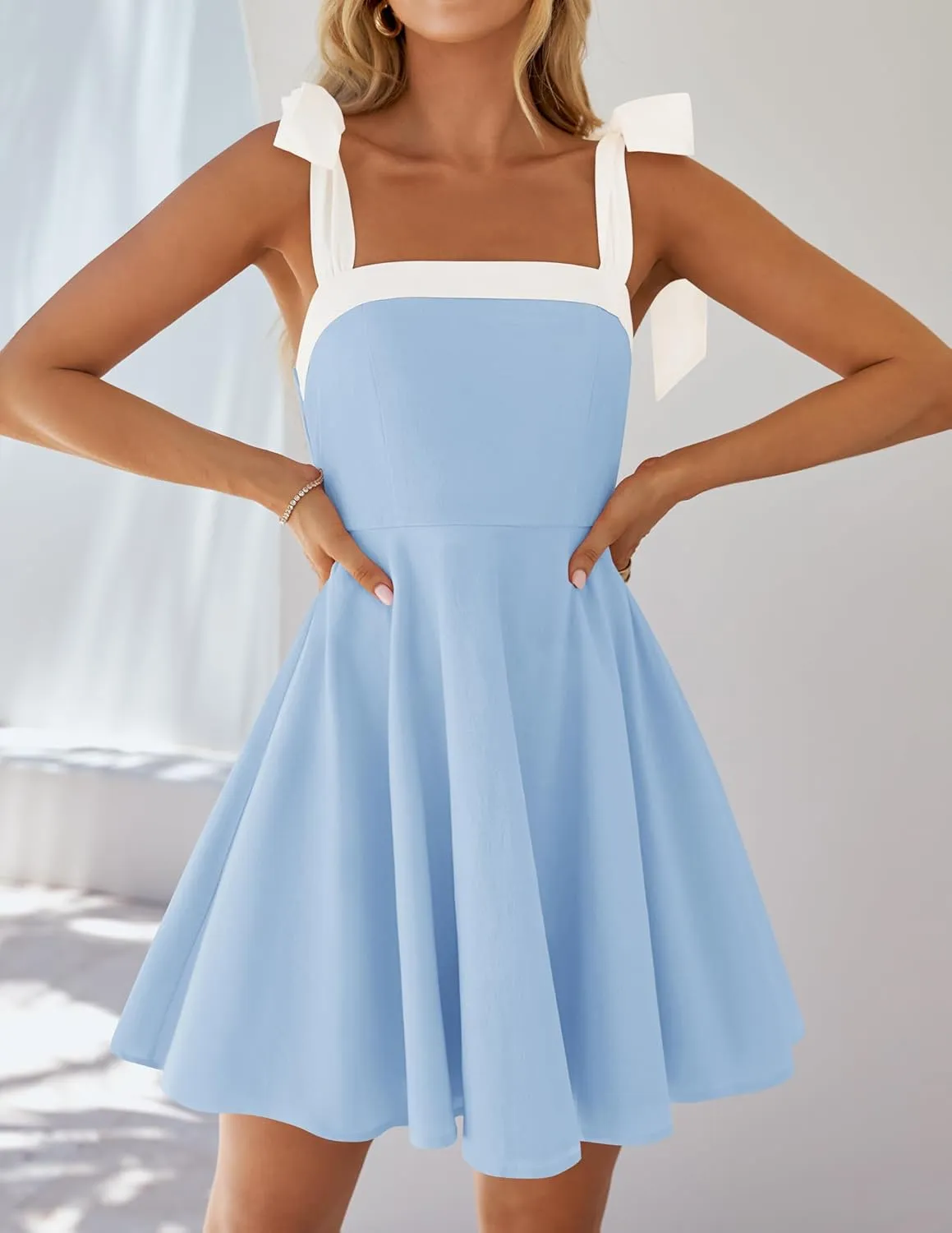 ZESICA Womens Summer Sleeveless Mini Dress Tie Shoulder Square Neck High Waist Swing A Line Short Sundresses