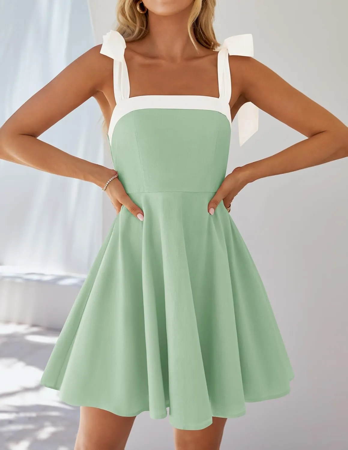 ZESICA Womens Summer Sleeveless Mini Dress Tie Shoulder Square Neck High Waist Swing A Line Short Sundresses