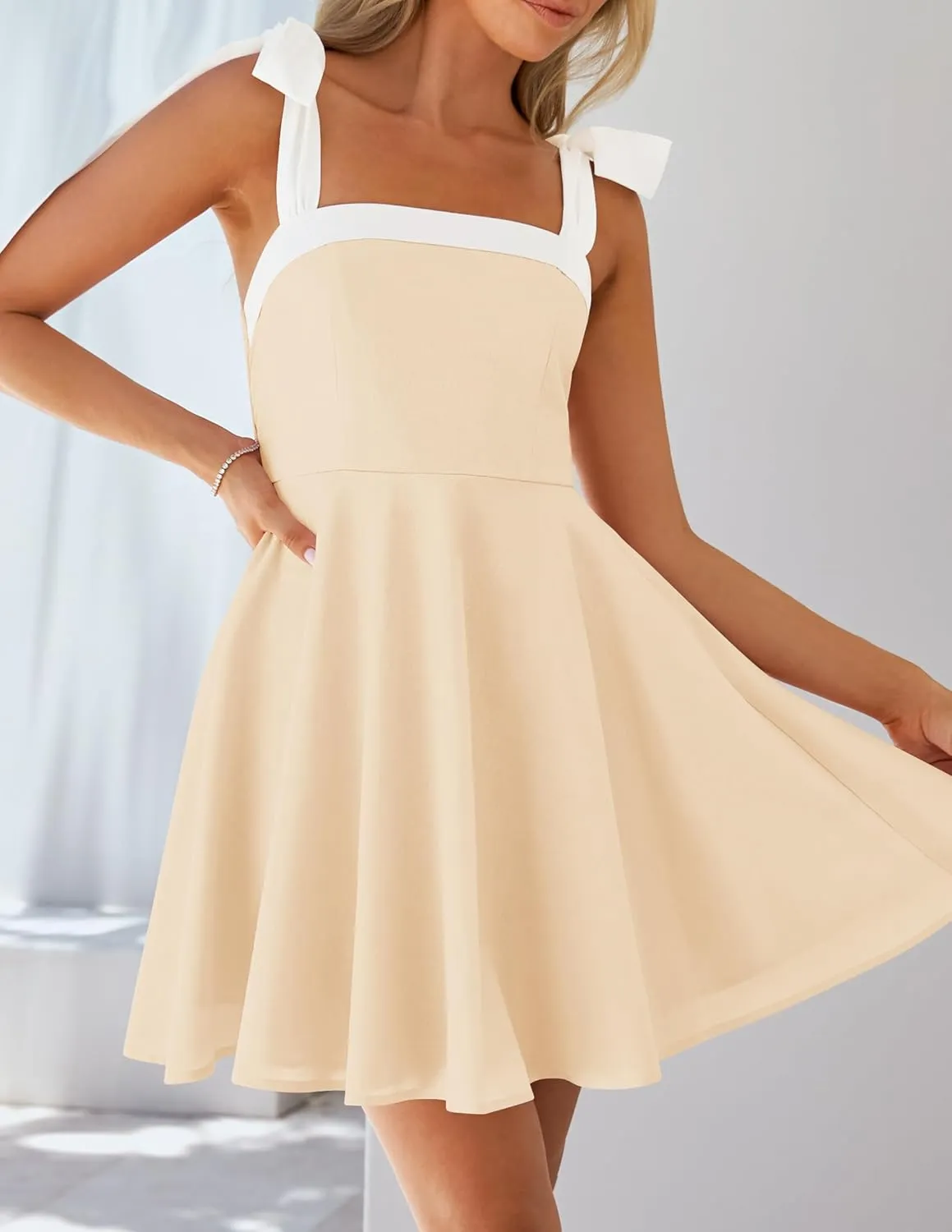 ZESICA Womens Summer Sleeveless Mini Dress Tie Shoulder Square Neck High Waist Swing A Line Short Sundresses
