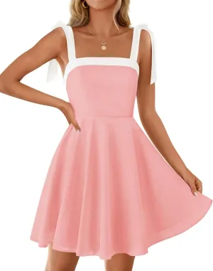 ZESICA Womens Summer Sleeveless Mini Dress Tie Shoulder Square Neck High Waist Swing A Line Short Sundresses