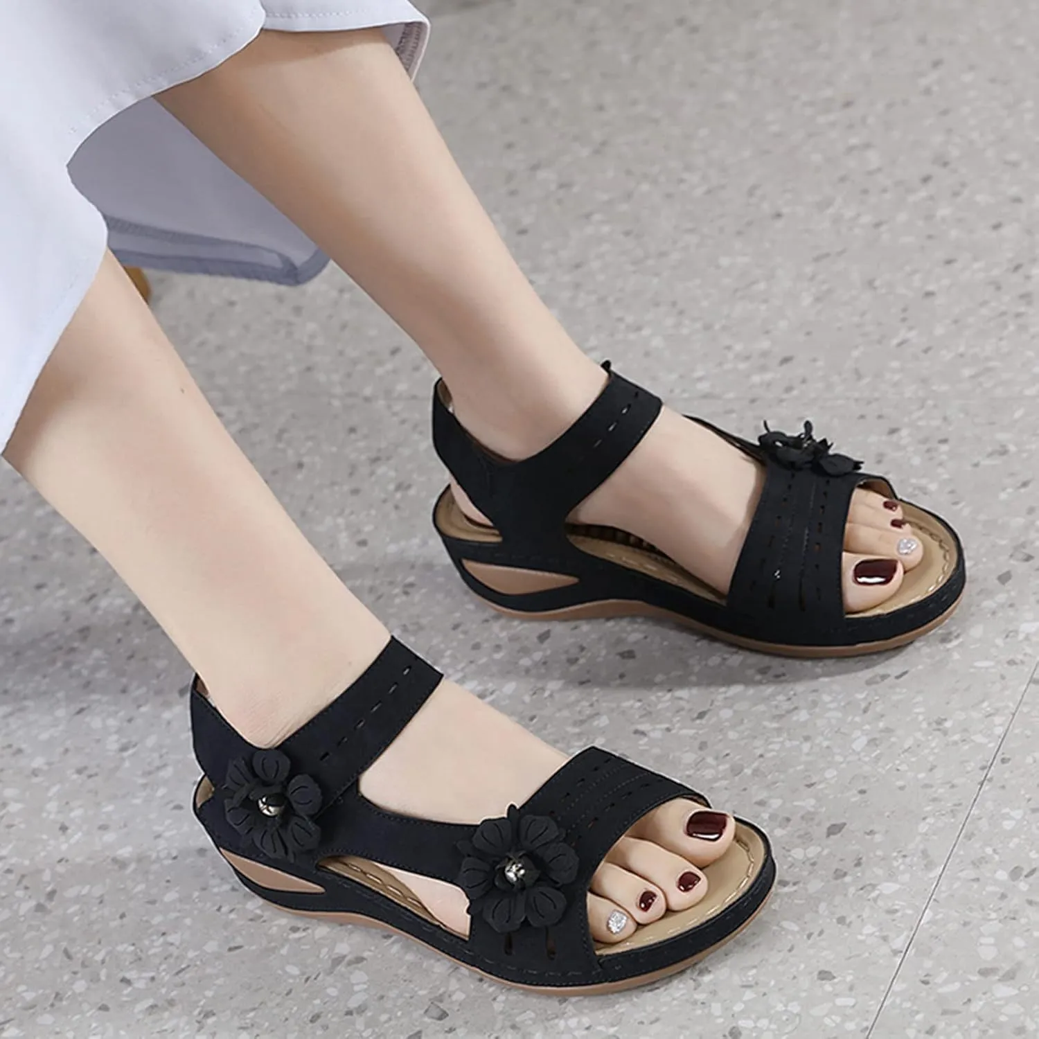 ZSpzx Orthopedic Sandals for Women,2025 Arch Support Wedge Flip Flops Slide Comfortable Foot Slip On Dressy Summer Plantar Fasciitis Flowers Casual Open Toe Walking Shoes Travel