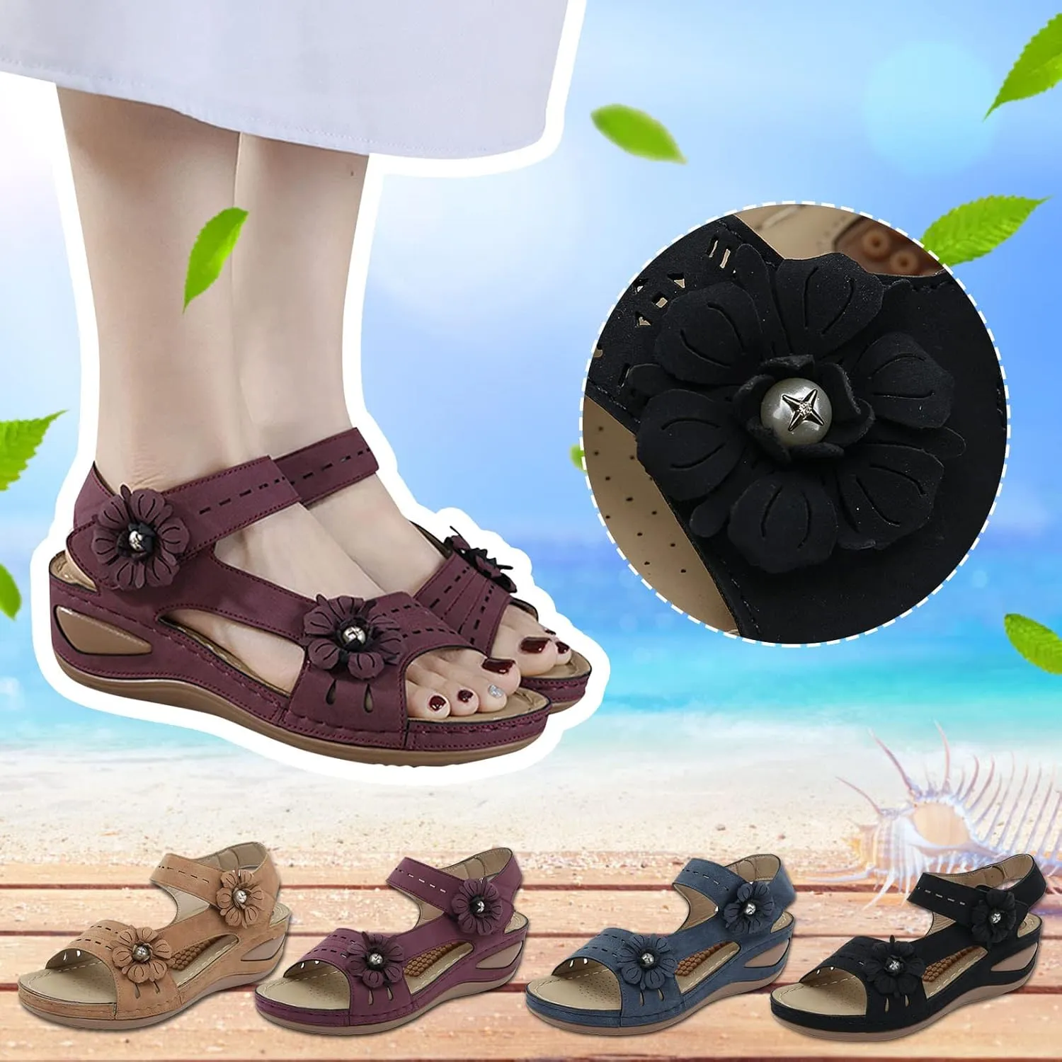 ZSpzx Orthopedic Sandals for Women,2025 Arch Support Wedge Flip Flops Slide Comfortable Foot Slip On Dressy Summer Plantar Fasciitis Flowers Casual Open Toe Walking Shoes Travel