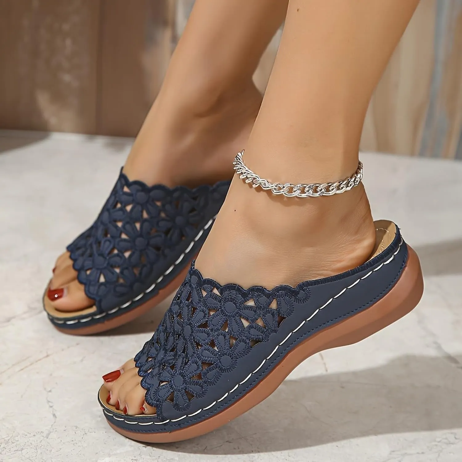 ZSpzx Orthopedic Sandals for Women,2025 Arch Support Wedge Flip Flops Slide Comfortable Open Toe Slip on Flowers Hollow Out On Dressy Summer Travel Work