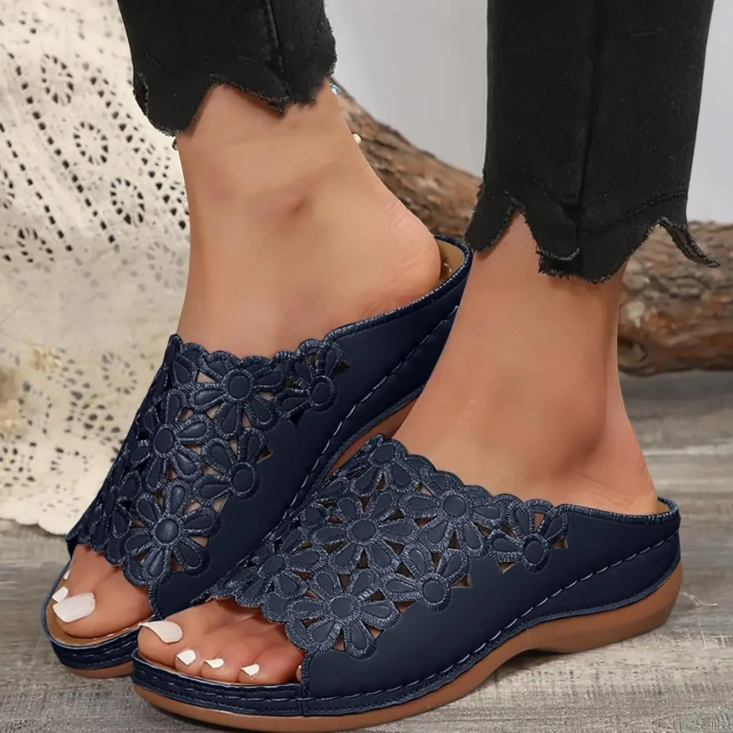 ZSpzx Orthopedic Sandals for Women,2025 Arch Support Wedge Flip Flops Slide Comfortable Open Toe Slip on Flowers Hollow Out On Dressy Summer Travel Work