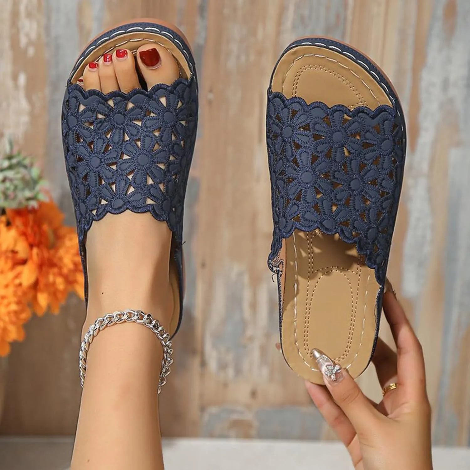 ZSpzx Orthopedic Sandals for Women,2025 Arch Support Wedge Flip Flops Slide Comfortable Open Toe Slip on Flowers Hollow Out On Dressy Summer Travel Work