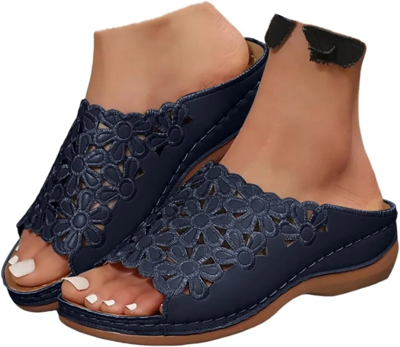 ZSpzx Orthopedic Sandals for Women,2025 Arch Support Wedge Flip Flops Slide Comfortable Open Toe Slip on Flowers Hollow Out On Dressy Summer Travel Work