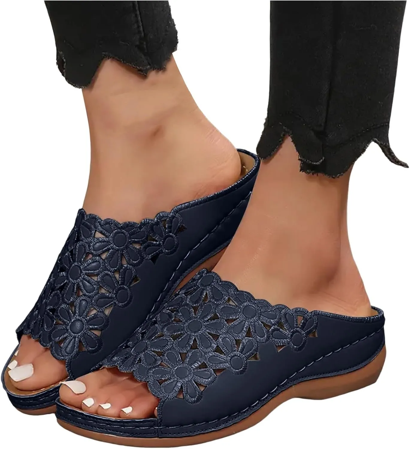 ZSpzx Orthopedic Sandals for Women,2025 Arch Support Wedge Flip Flops Slide Comfortable Open Toe Slip on Flowers Hollow Out On Dressy Summer Travel Work