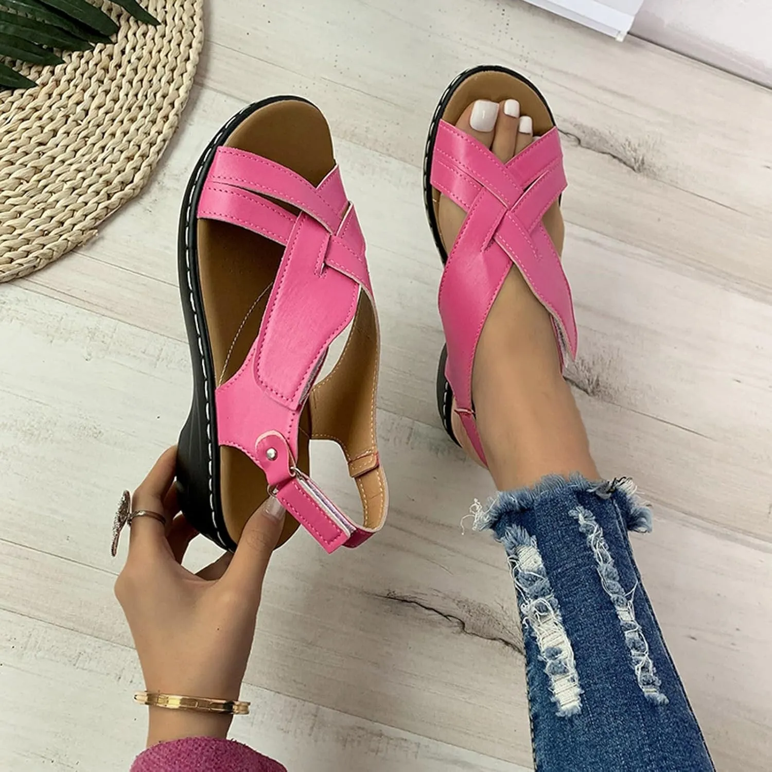 ZSpzx Orthopedic Sandals for Women,2025 Arch Support Wedge Flip Flops Slide Open Toe Crisscross Straps Slip On Dressy Summer Comfortable Slides Memory Foam Walking Beach Shoes